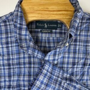 Polo Ralph Lauren Men's Blue White Navy Plaid LS Button Down Classic Shirt Sz L